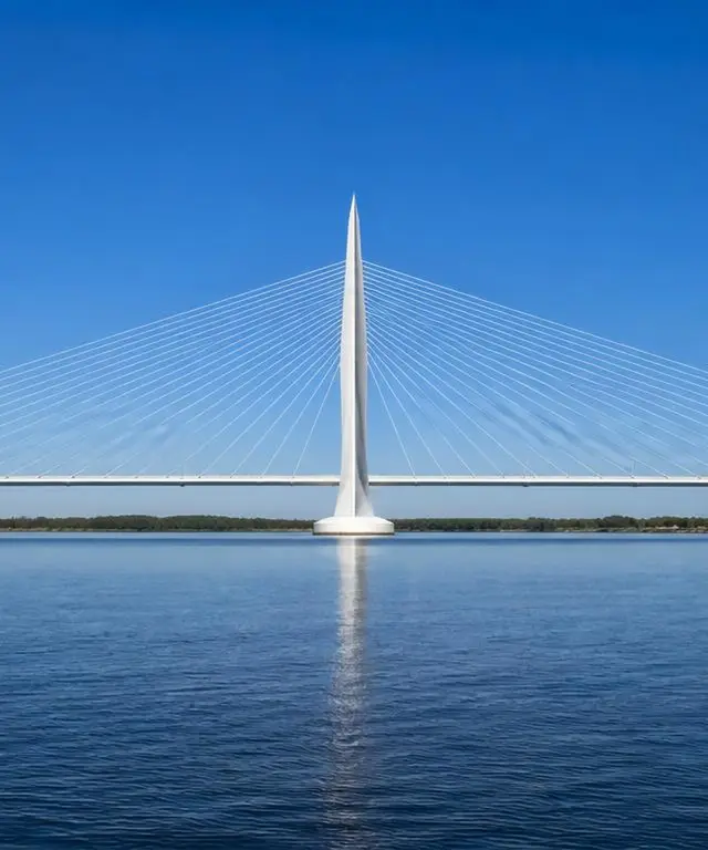 Center third of the same bridge, its pylon and cables, symbolising values and integrity