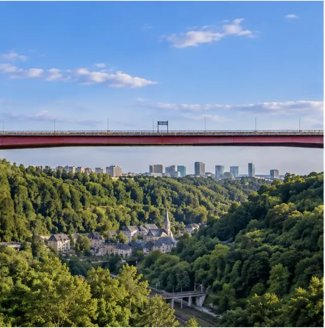 Center third of the red bridge spanning the valley towards the city skyline, symbolising values and integrity