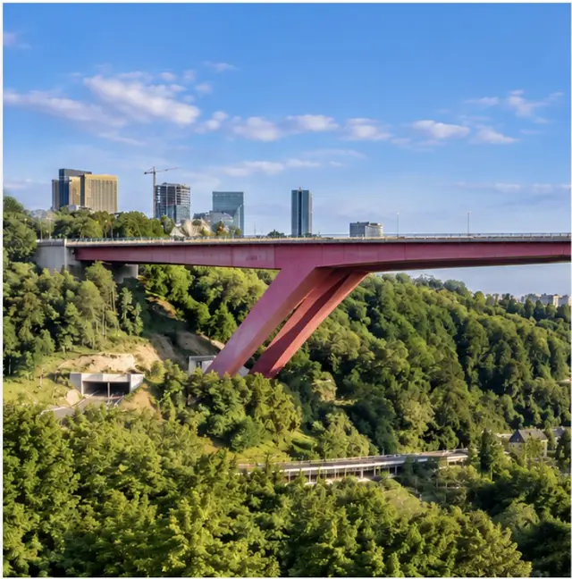 Left third of the red Grand Duchess Charlotte bridge over the Pétrusse valley, symbolising vision